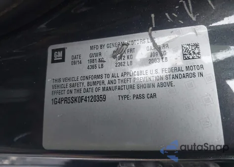 2015 Buick Verano Convenience Group from USA, damaged, VIN 1G4PR5SK0F4120359